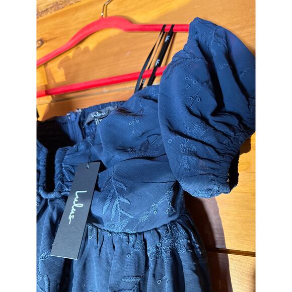 NWT Lulus Cutest Icon Navy Embroidered Off-the-Shoulder Mini Dress Cottage Sz M - Picture 5 of 8